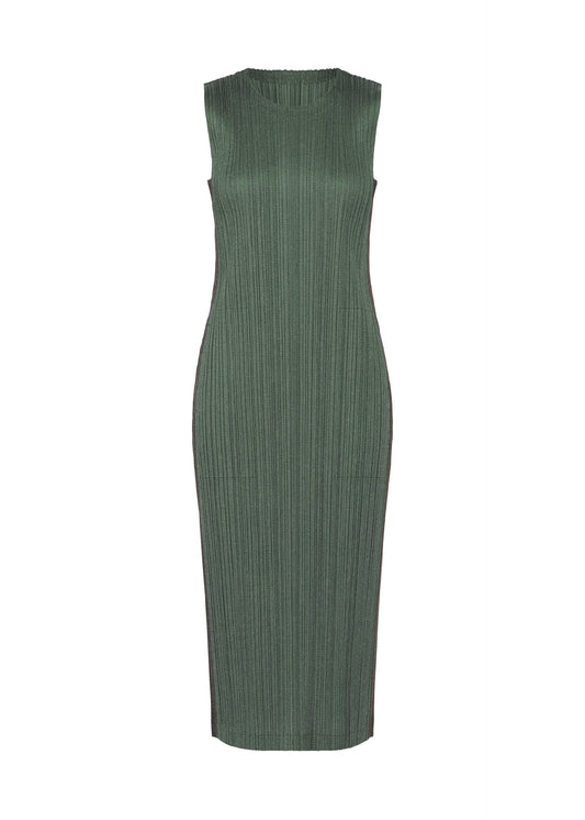 A product shot of the PLEATS PLEASE ISSEY MIYAKE COTTON DENIM dress in dark green.