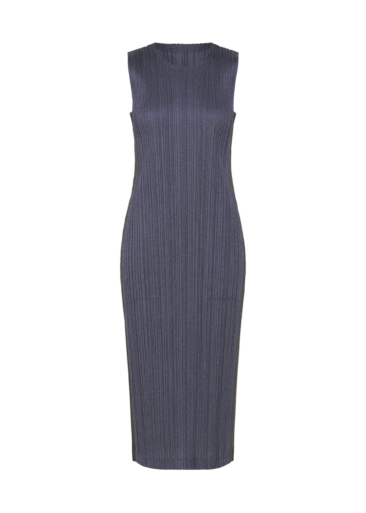 A product shot of the PLEATS PLEASE ISSEY MIYAKE COTTON DENIM dress in navy blue.