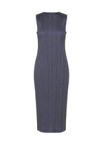 A product shot of the PLEATS PLEASE ISSEY MIYAKE COTTON DENIM dress in navy blue.