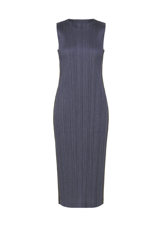 A product shot of the PLEATS PLEASE ISSEY MIYAKE COTTON DENIM dress in navy blue.