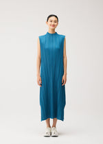 A model wears the PLEATS PLEASE ISSEY MIYAKE MELLOW PLEATS mellow-pleats-sleeveless-dress-black.