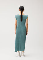 A model wears the PLEATS PLEASE ISSEY MIYAKE FOLD fold-dress-mint-green.