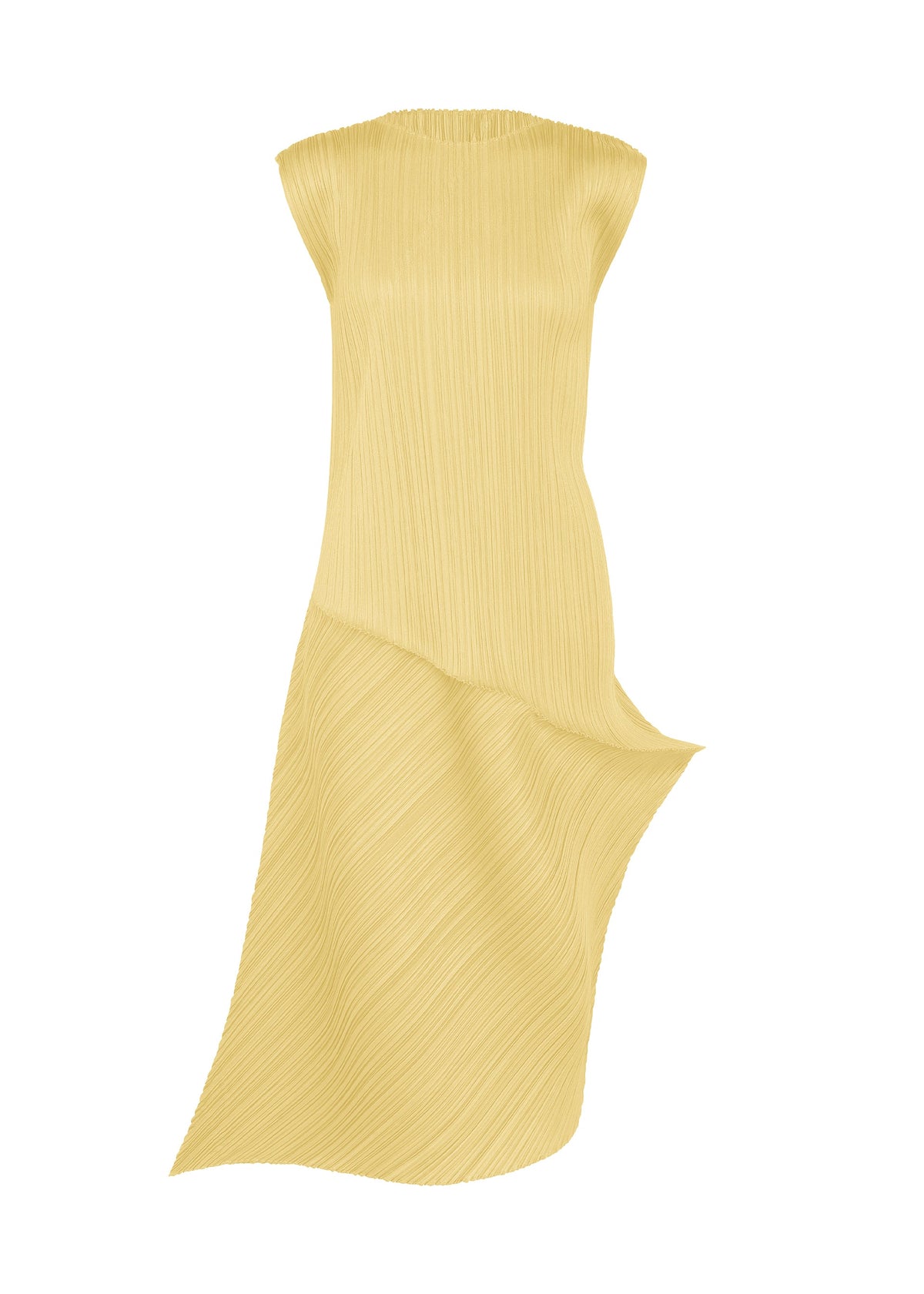A product shot of the PLEATS PLEASE ISSEY MIYAKE LEAP dress in pale yellow.