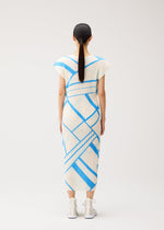 A model wears the PLEATS PLEASE ISSEY MIYAKE FOLD LINE fold-line-dress-off-white.