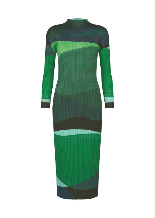 A product shot of the PLEATS PLEASE ISSEY MIYAKE ORBIT dress in green.