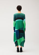 A model wears the PLEATS PLEASE ISSEY MIYAKE ORBIT orbit-a-line-dress-green.