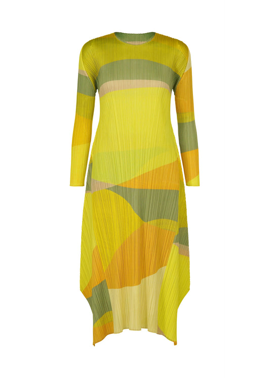 A product shot of the PLEATS PLEASE ISSEY MIYAKE ORBIT dress in yellow.