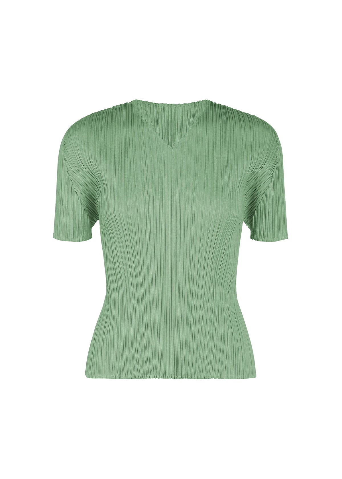 A product shot of the PLEATS PLEASE ISSEY MIYAKE MONTHLY COLORS : AUGUST top in grayish green.