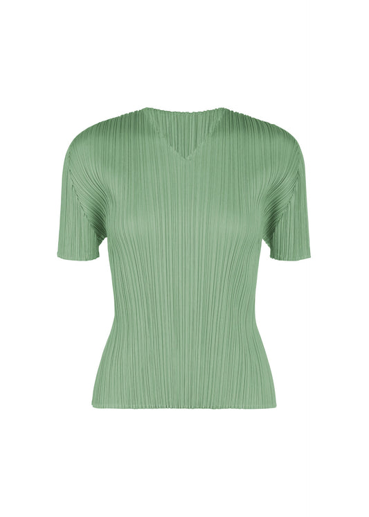 A product shot of the PLEATS PLEASE ISSEY MIYAKE MONTHLY COLORS : AUGUST top in grayish green.