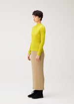 A model wears the PLEATS PLEASE ISSEY MIYAKE MONTHLY COLORS : OCTOBER monthly-colors-october-long-sleeved-top-green.