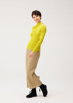 A model wears the PLEATS PLEASE ISSEY MIYAKE MONTHLY COLORS : OCTOBER monthly-colors-october-long-sleeved-top-yellow-ochre.