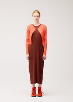 A model wears the PLEATS PLEASE ISSEY MIYAKE MONTHLY COLORS : SEPTEMBER monthly-colors-september-cardigan-red-brown.