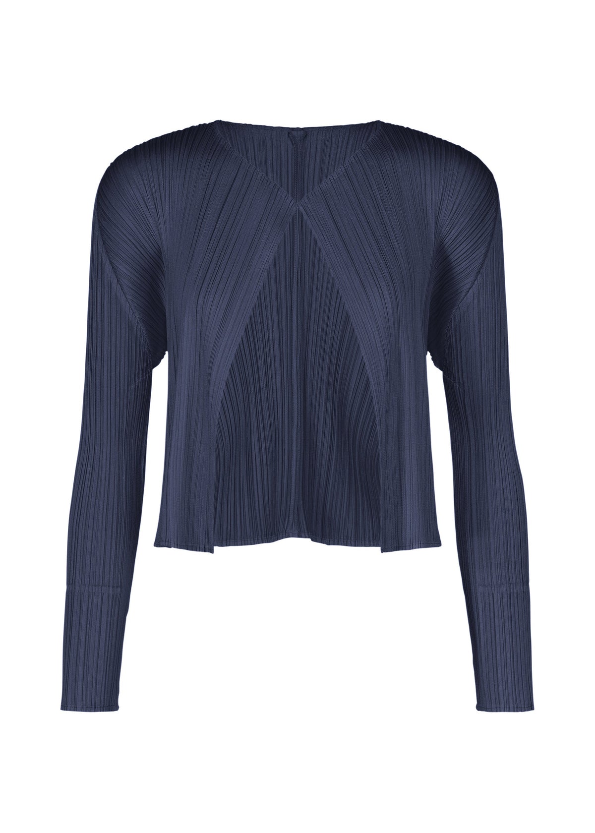 A product shot of the PLEATS PLEASE ISSEY MIYAKE MONTHLY COLORS : SEPTEMBER cardigan in navy blue.