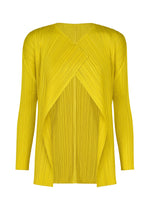 A product shot of the PLEATS PLEASE ISSEY MIYAKE MONTHLY COLORS : OCTOBER cardigan in yellow ocher.