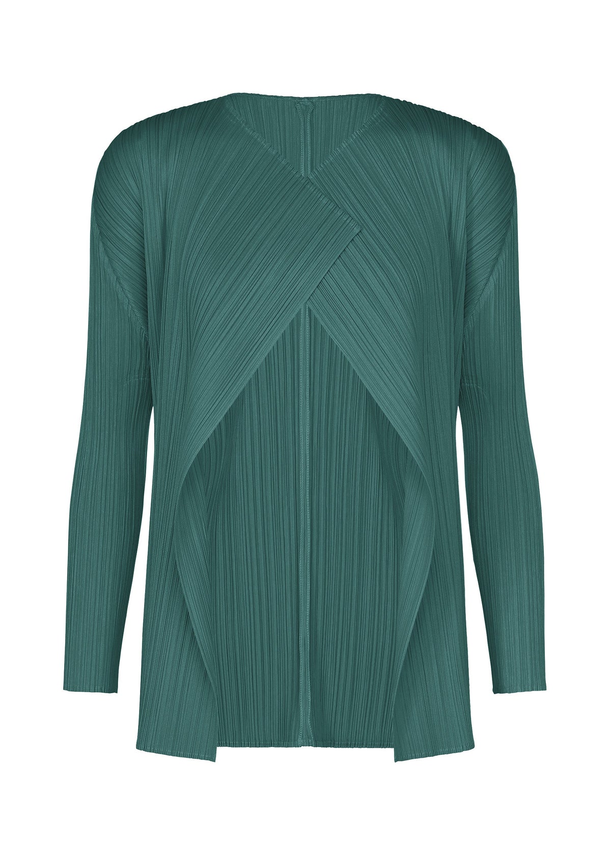 A product shot of the PLEATS PLEASE ISSEY MIYAKE MONTHLY COLORS : OCTOBER cardigan in blue green.