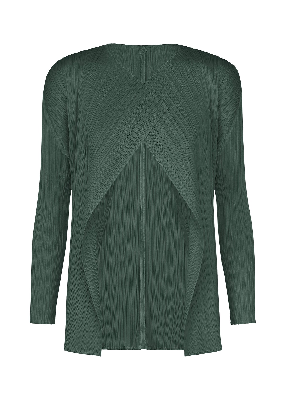 A product shot of the PLEATS PLEASE ISSEY MIYAKE MONTHLY COLORS : OCTOBER cardigan in dark green.