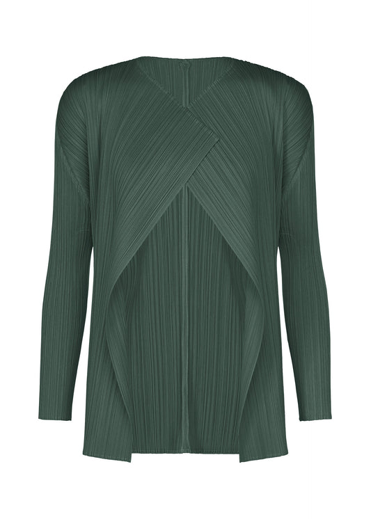 A product shot of the PLEATS PLEASE ISSEY MIYAKE MONTHLY COLORS : OCTOBER cardigan in dark green.