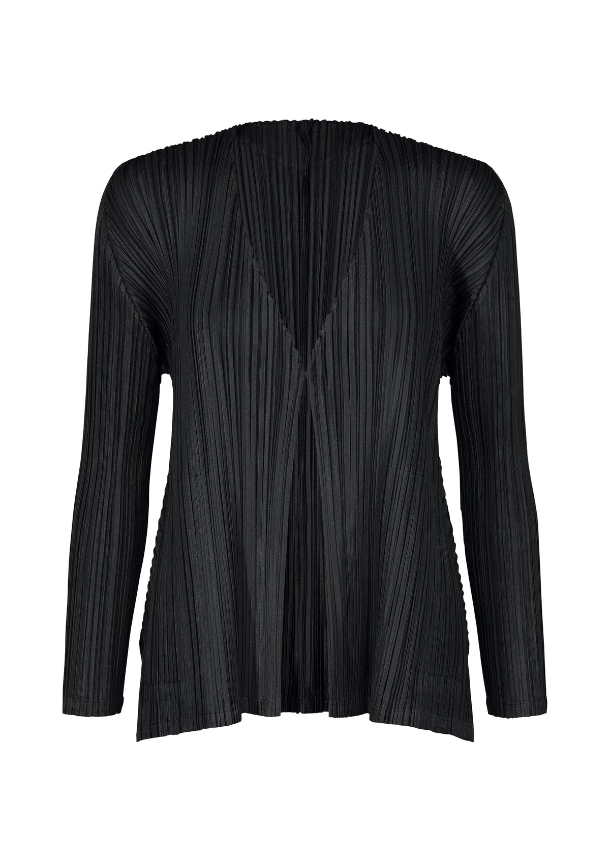 A product shot of the PLEATS PLEASE ISSEY MIYAKE MELLOW PLEATS cardigan in black.