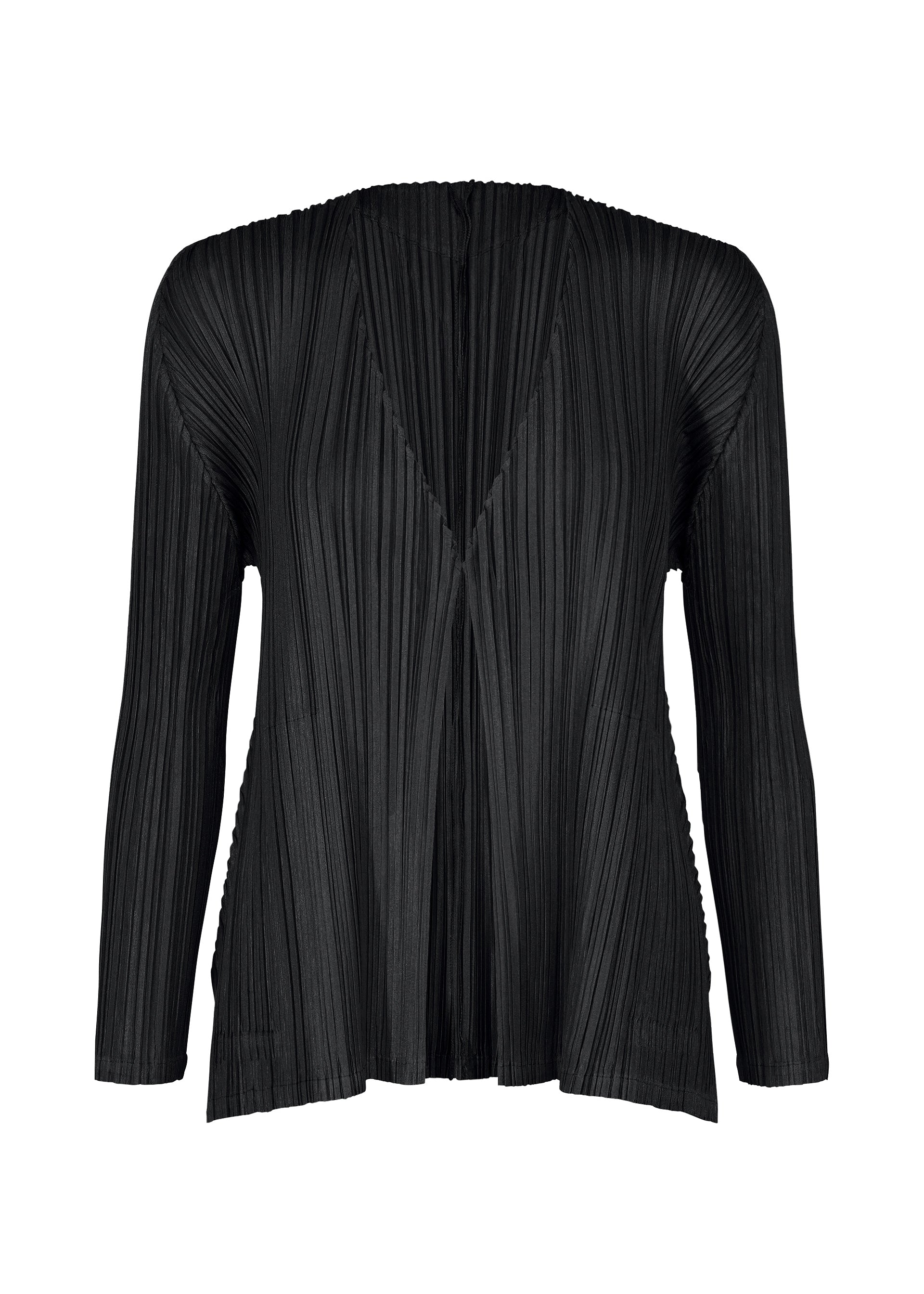 A product shot of the PLEATS PLEASE ISSEY MIYAKE MELLOW PLEATS cardigan in black.