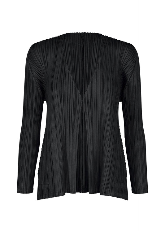 A product shot of the PLEATS PLEASE ISSEY MIYAKE MELLOW PLEATS cardigan in black.