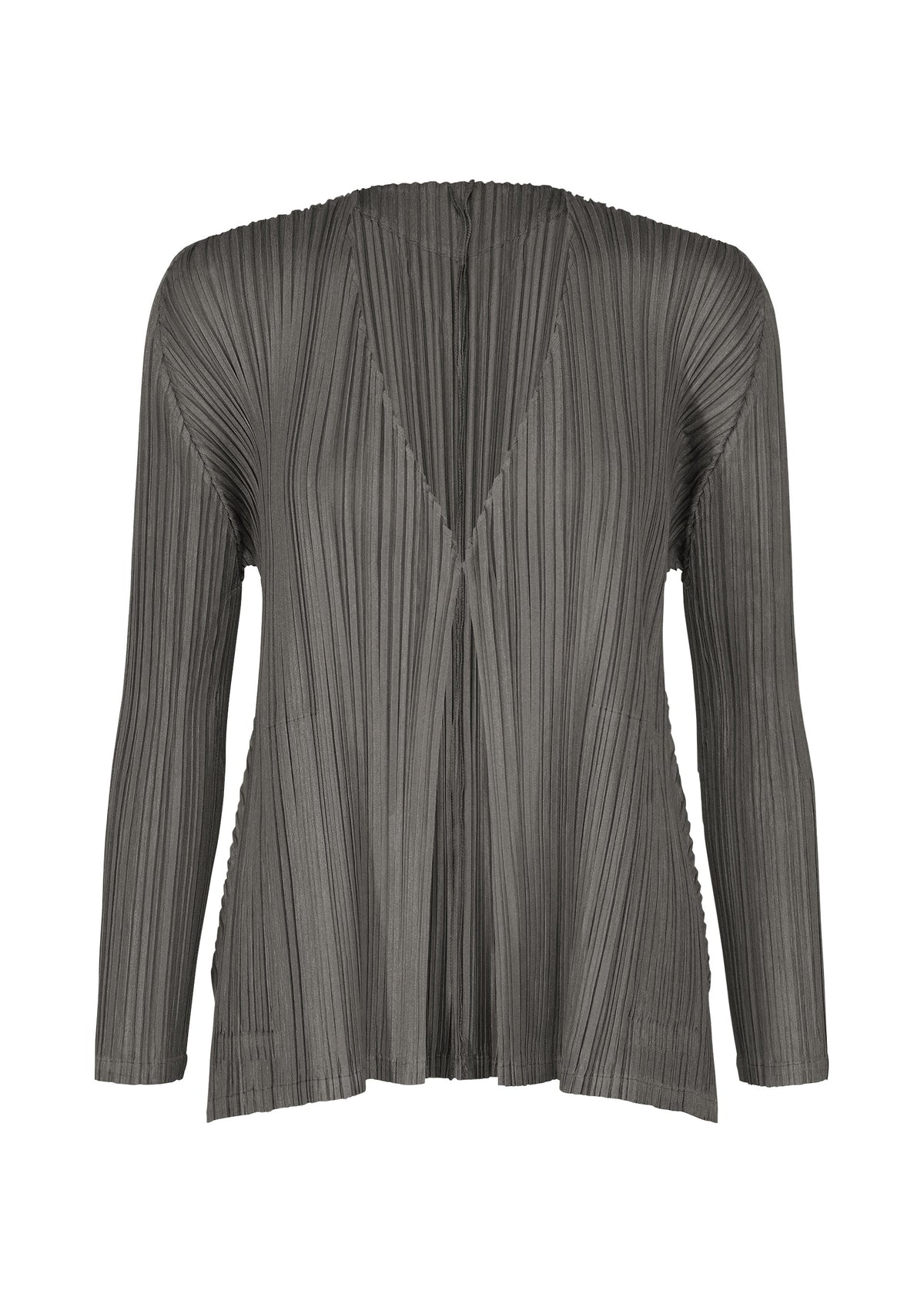 A product shot of the PLEATS PLEASE ISSEY MIYAKE MELLOW PLEATS cardigan in charcoal.