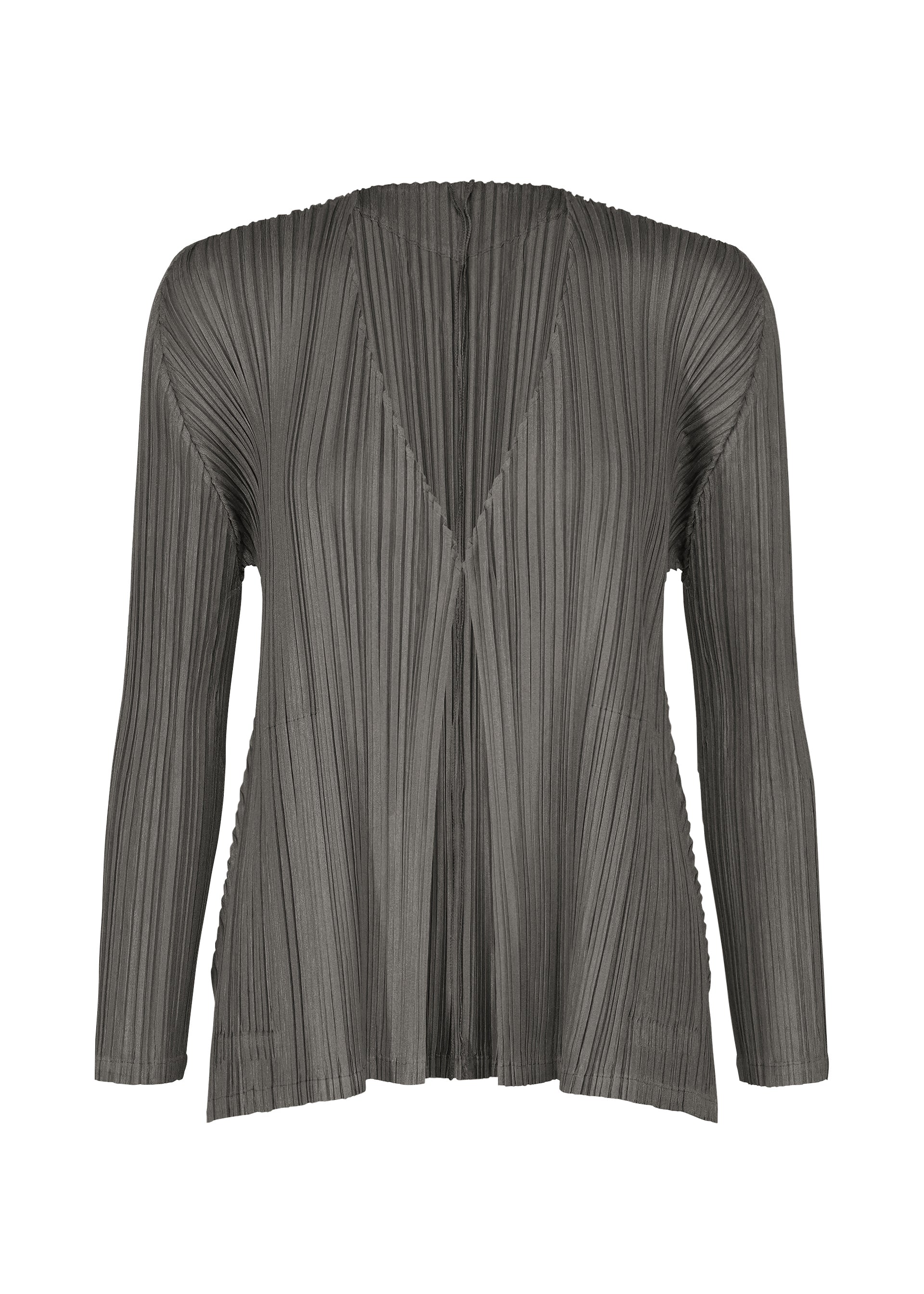 A product shot of the PLEATS PLEASE ISSEY MIYAKE MELLOW PLEATS cardigan in charcoal.