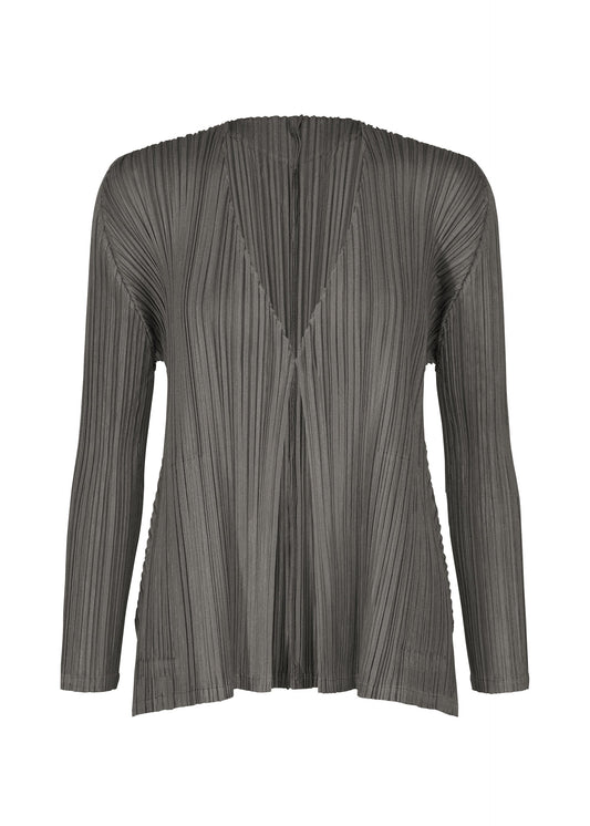 A product shot of the PLEATS PLEASE ISSEY MIYAKE MELLOW PLEATS cardigan in charcoal.