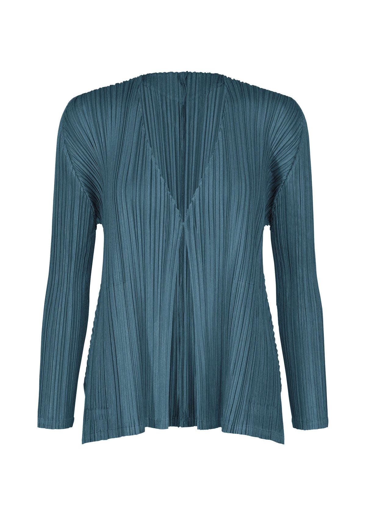 A product shot of the PLEATS PLEASE ISSEY MIYAKE MELLOW PLEATS cardigan in cerulean blue.