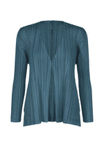 A product shot of the PLEATS PLEASE ISSEY MIYAKE MELLOW PLEATS cardigan in cerulean blue.