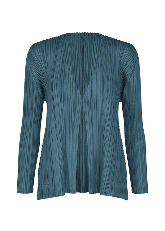 A product shot of the PLEATS PLEASE ISSEY MIYAKE MELLOW PLEATS cardigan in cerulean blue.