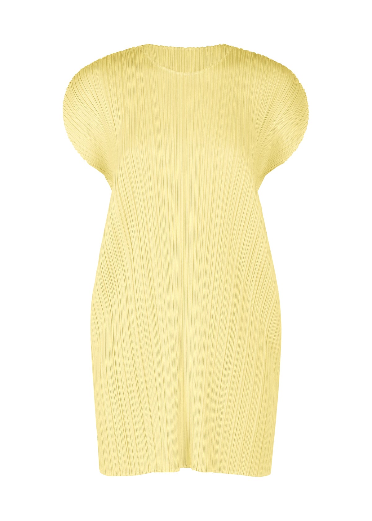 A product shot of the PLEATS PLEASE ISSEY MIYAKE MONTHLY COLORS : JULY dress in pale yellow.