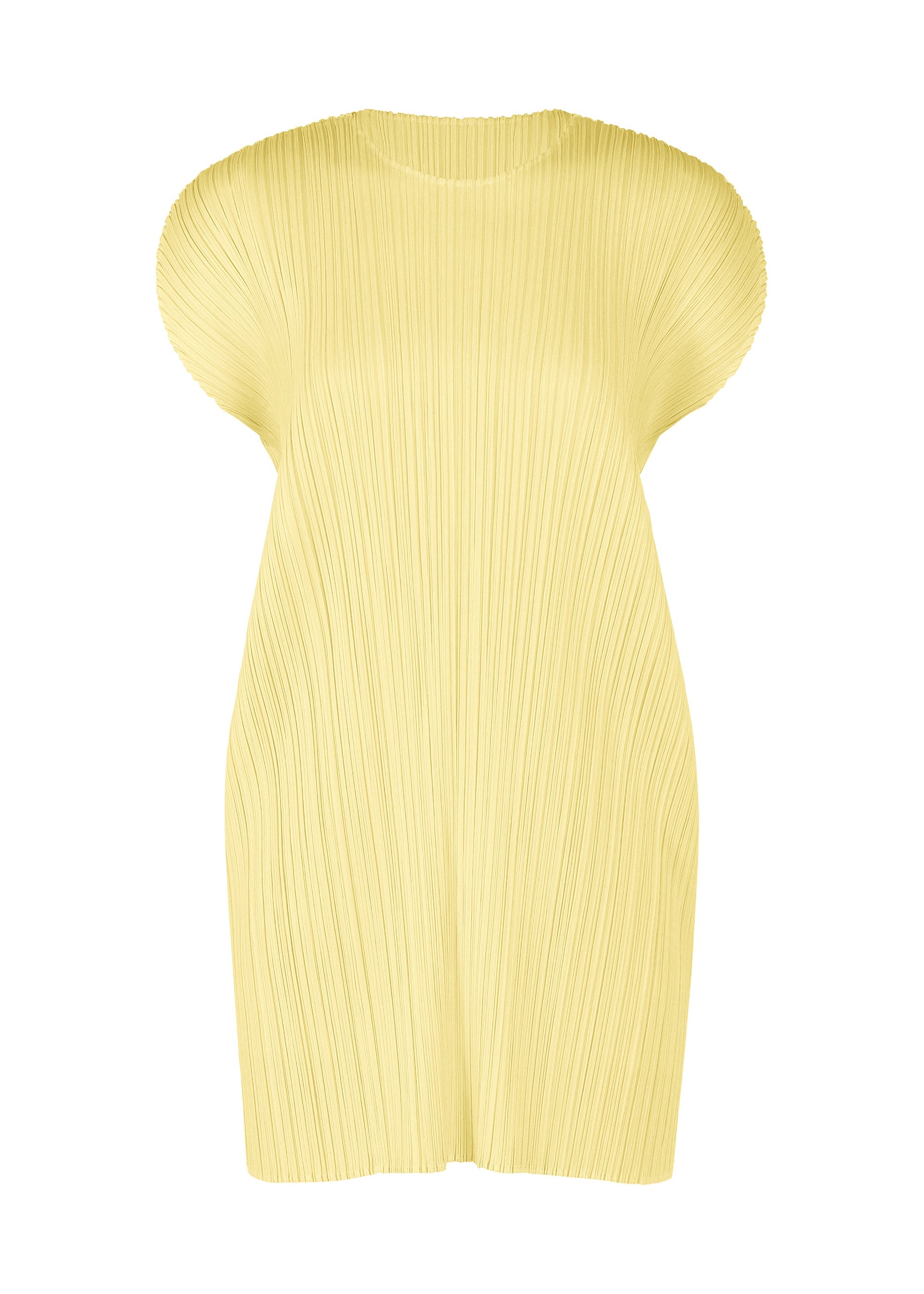 A product shot of the PLEATS PLEASE ISSEY MIYAKE MONTHLY COLORS : JULY dress in pale yellow.