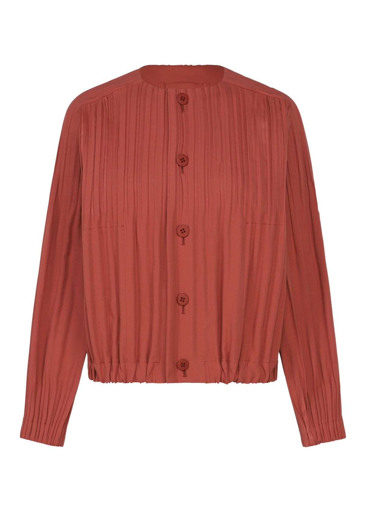 A product shot of the PLEATS PLEASE ISSEY MIYAKE SMOOTH COAT coat in terracotta.