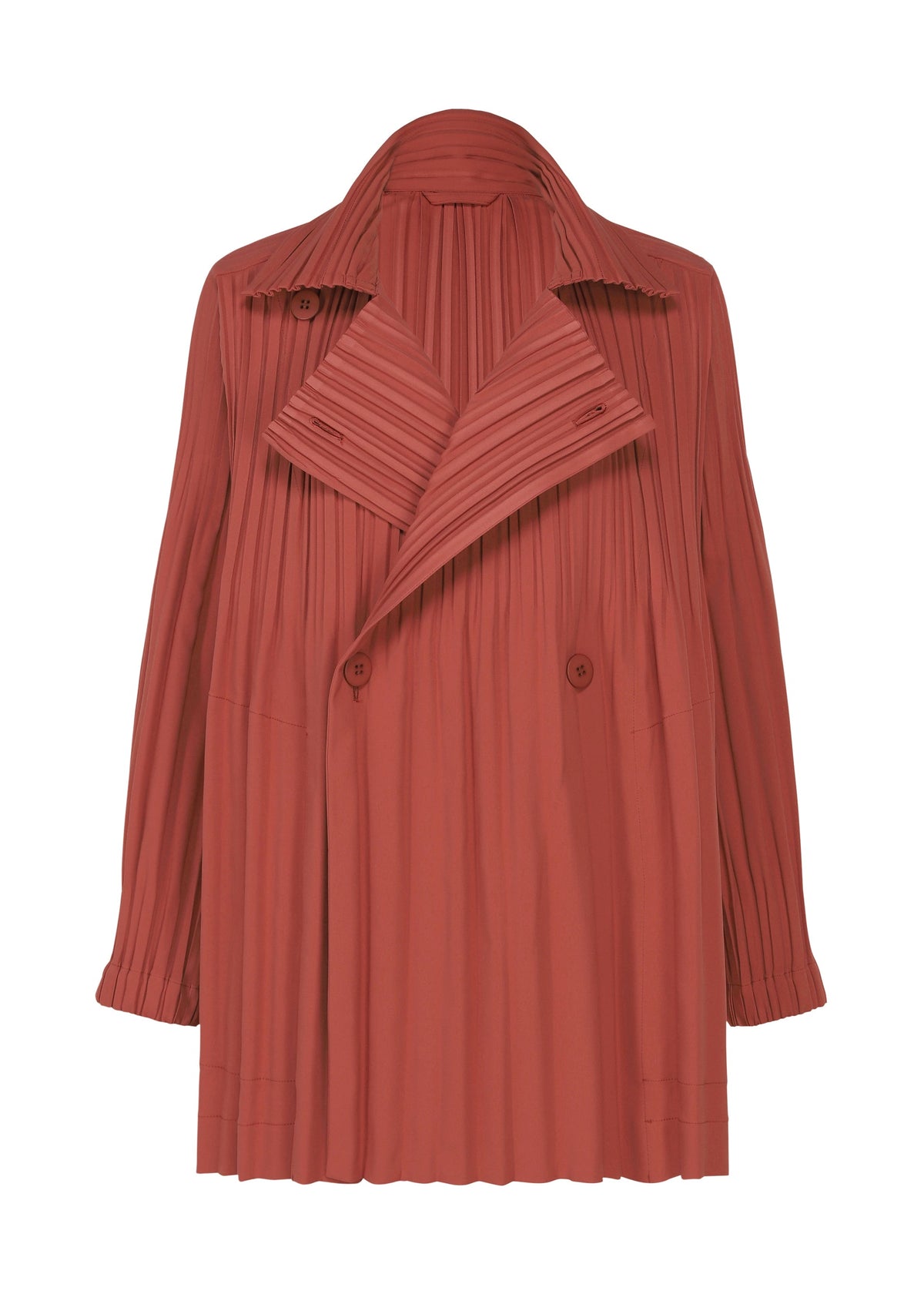 A product shot of the PLEATS PLEASE ISSEY MIYAKE SMOOTH COAT coat in terracotta.