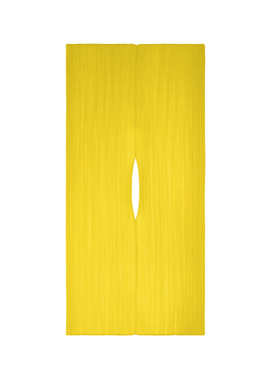 A product shot of the PLEATS PLEASE ISSEY MIYAKE MADAME-T OCTOBER stole in yellow ocher.