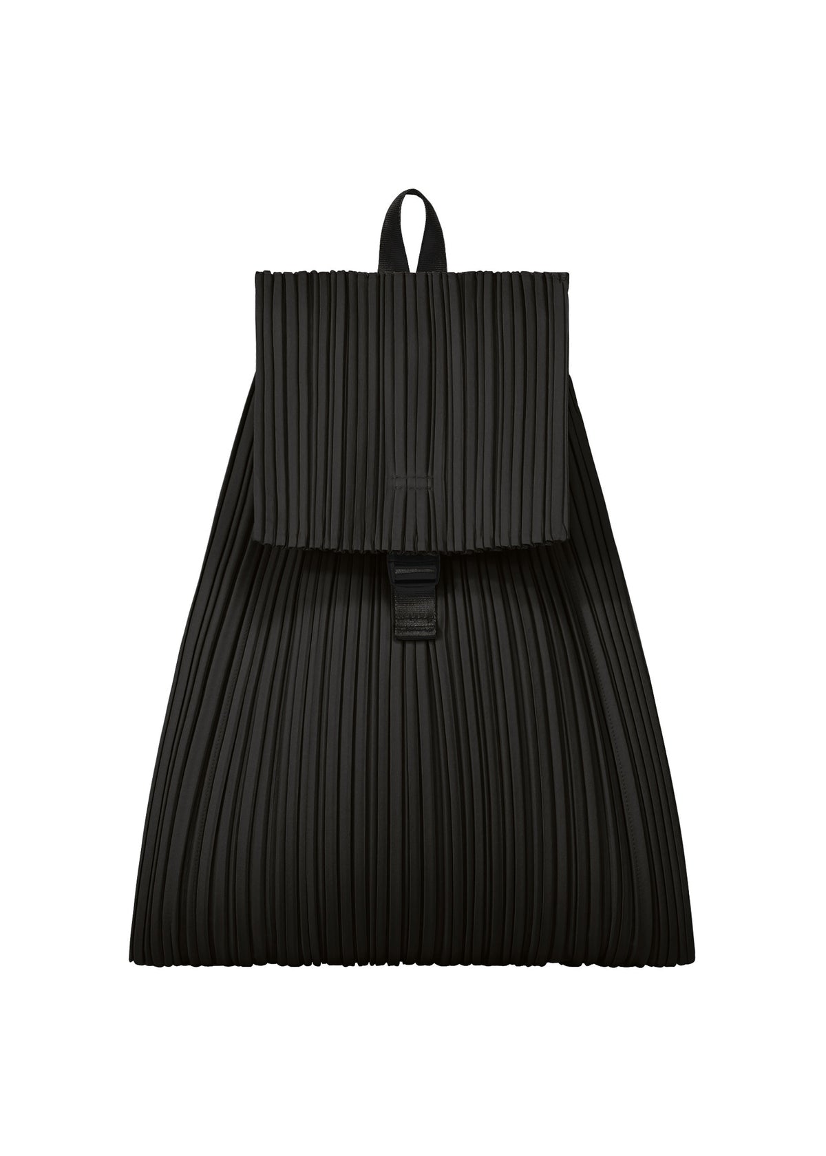 A product shot of the PLEATS PLEASE ISSEY MIYAKE PLEATS KNAPSACK backpack in black.