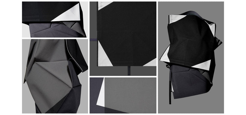 Centre: Collage of POSITIONS Top in Black, showing various details and angles against a grey background. 